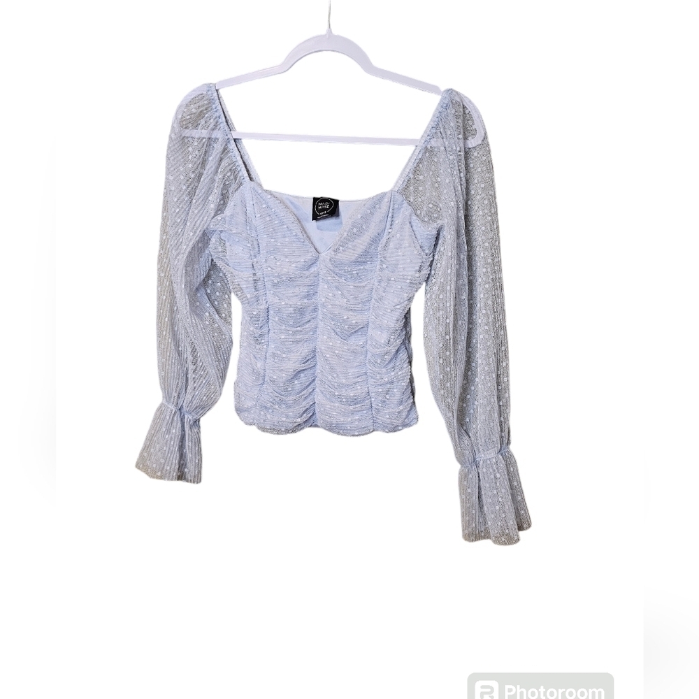 Madi Mase ruched blue lace sweeetheart neckline ceop top with balloon sleeves Sm